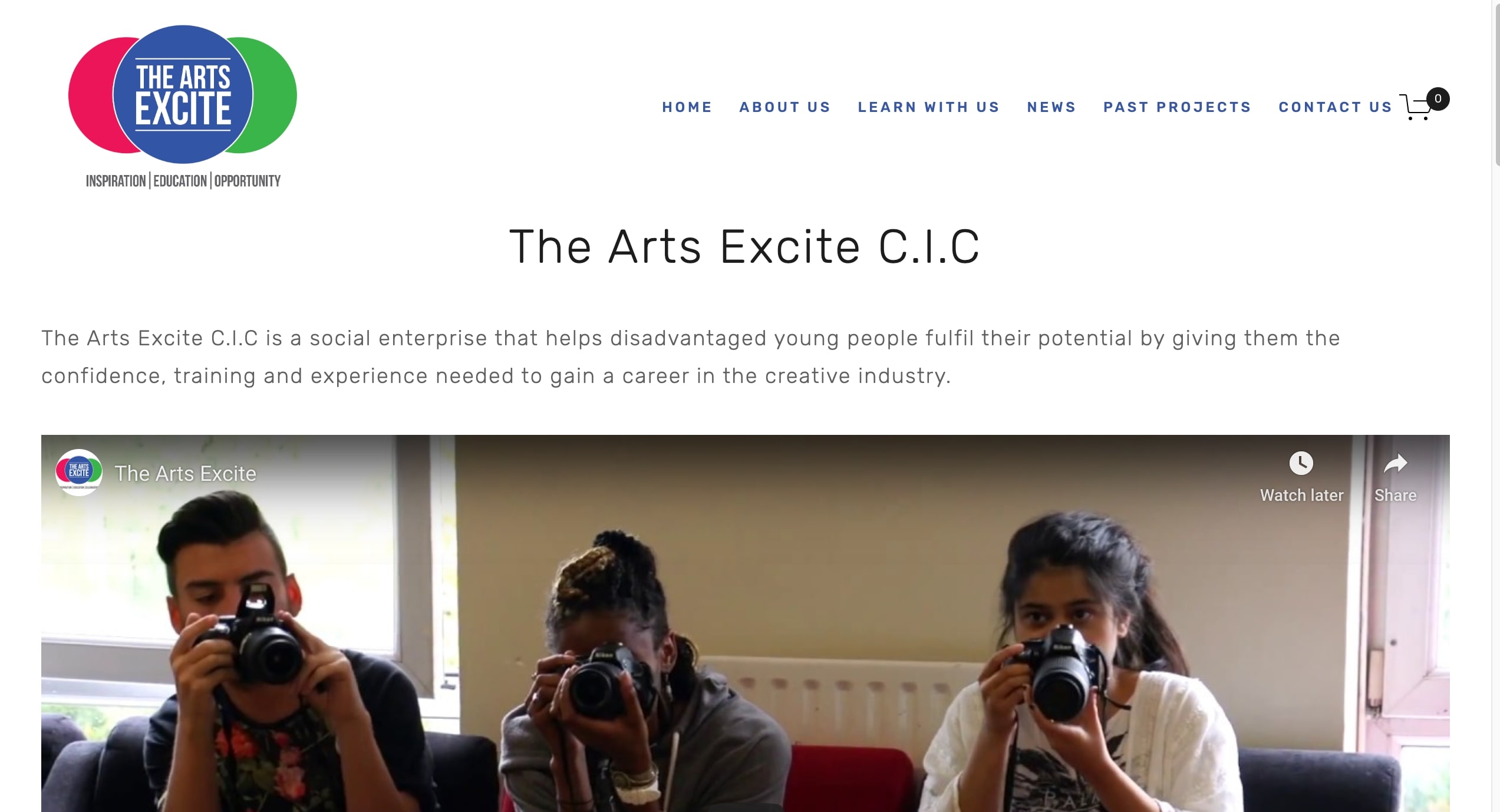 Arts Excite Main Website page which was built on a tight client budget
