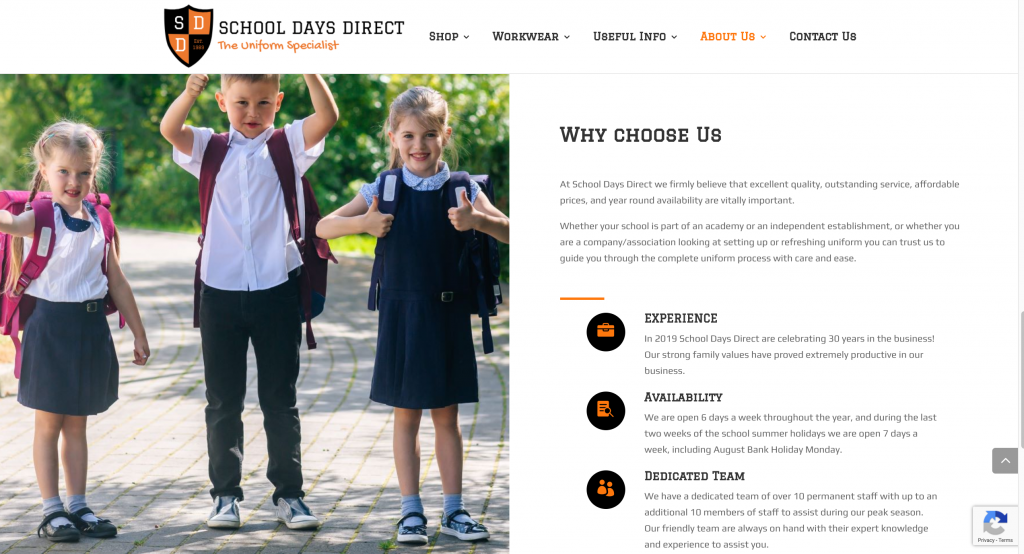 Screen Shot of page from refreshed and re-branded School Days Direct eCommerce Website